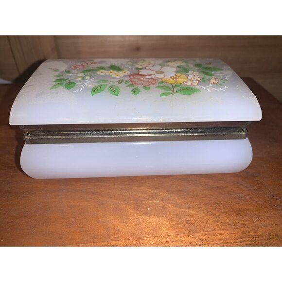 Vintage Lucite Jewelry Trinket Box Celluloid Hand Painted Flowers Thailand - Picture 2 of 8